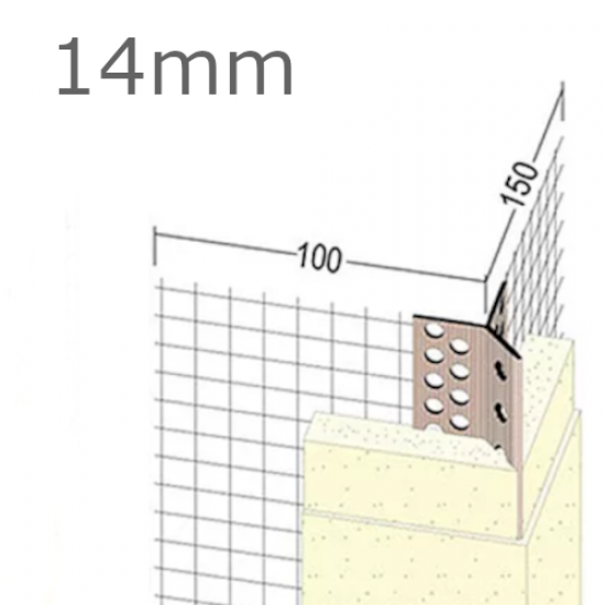 14mm Mesh Wing PVC Corner Profile with Extended Arris - 100x150mm Wings - 2.5m length (pack of 25).